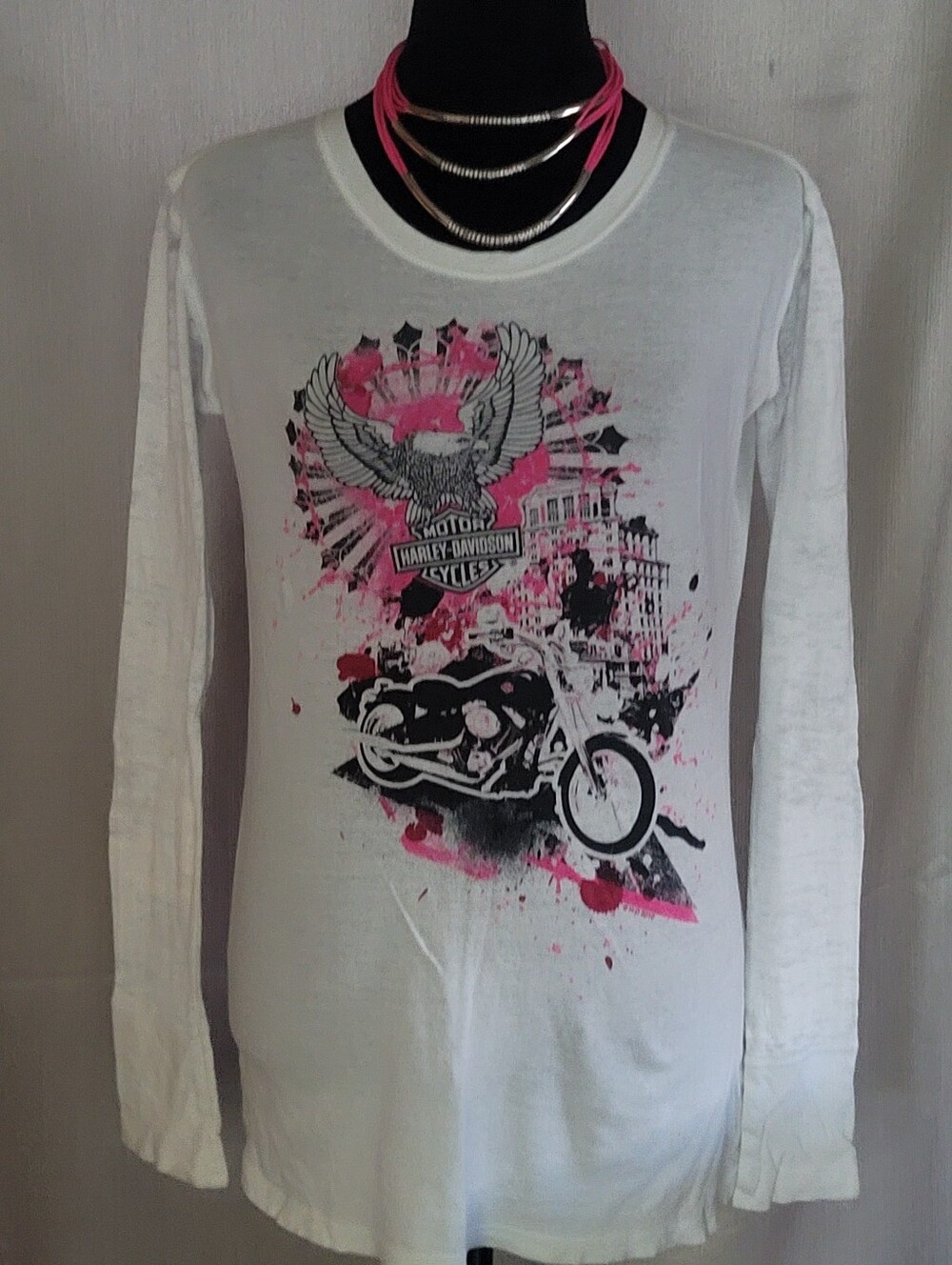 Harley-Davidson Girls' White Long-Sleeve Graphic Tee with Pink Accent
